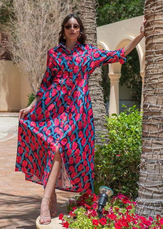 Vibrant Floral Ikat Shirt Dress