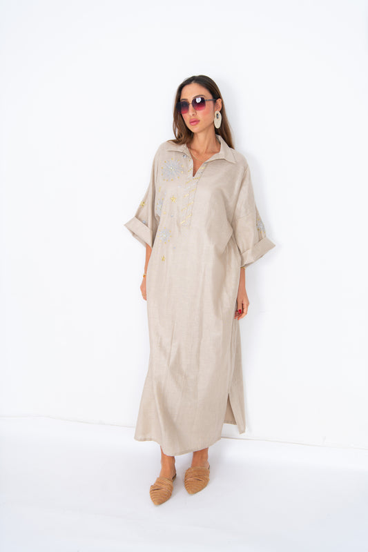 Chic baige Abaya with Golden Starburst Embroidery – Celestial Elegance
