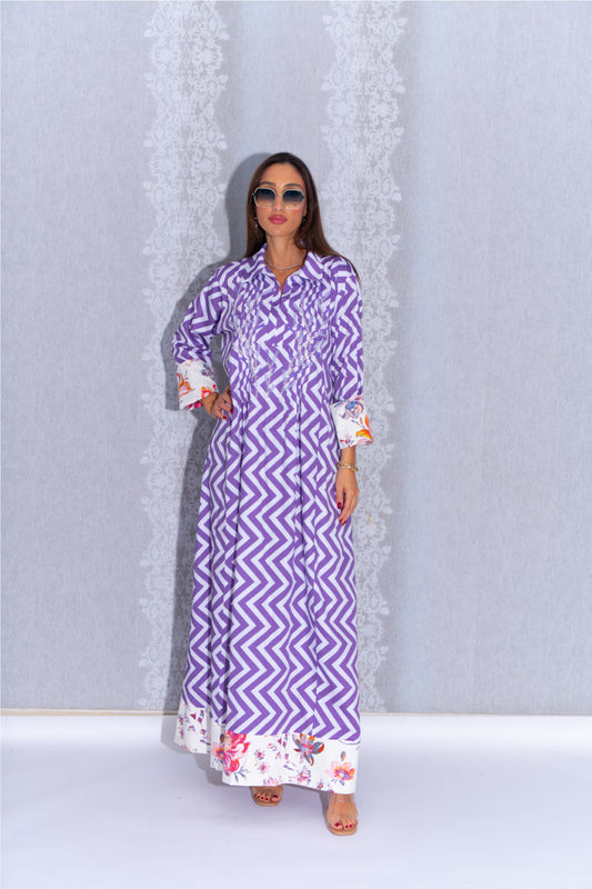 Purple Lava Tree Cotton Abaya with Floral Hem