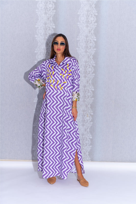 Vibrant Purple and Yellow Lava Tree Cotton Abaya