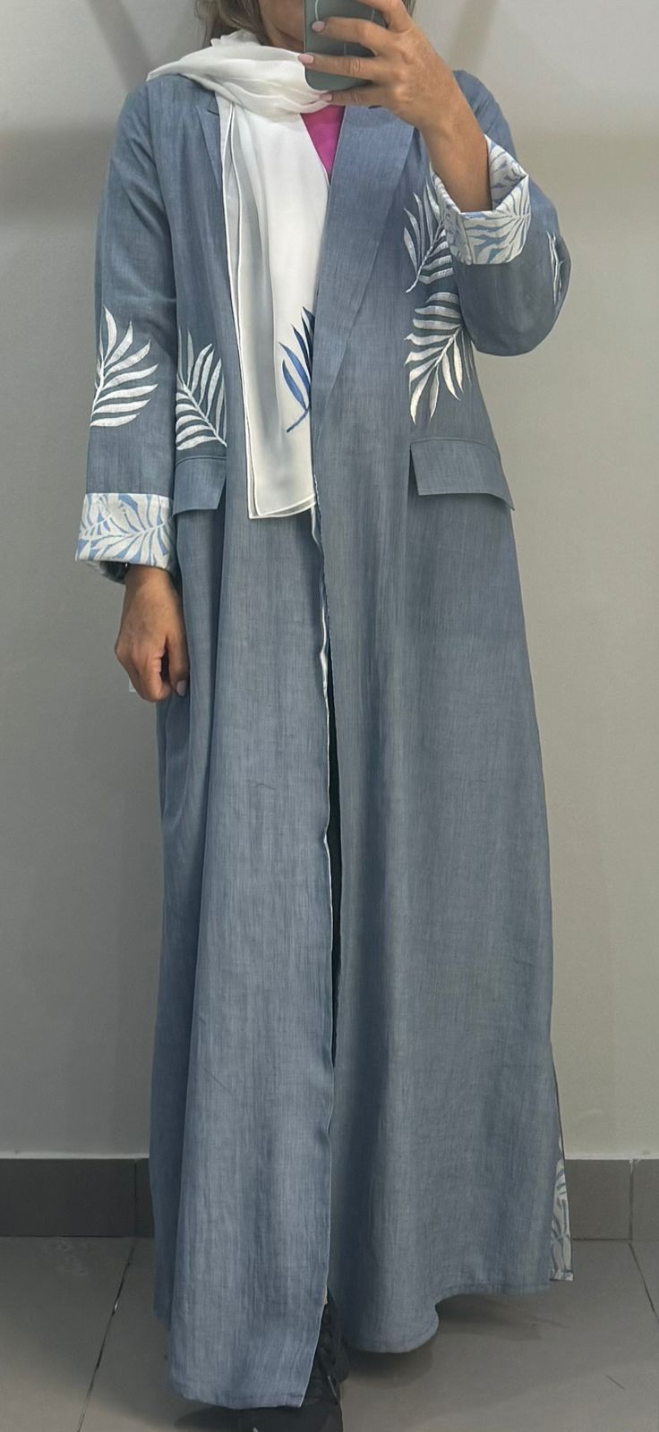 Light Denim Blue Abaya with Palm Leaf Embroidery and Printed Lining