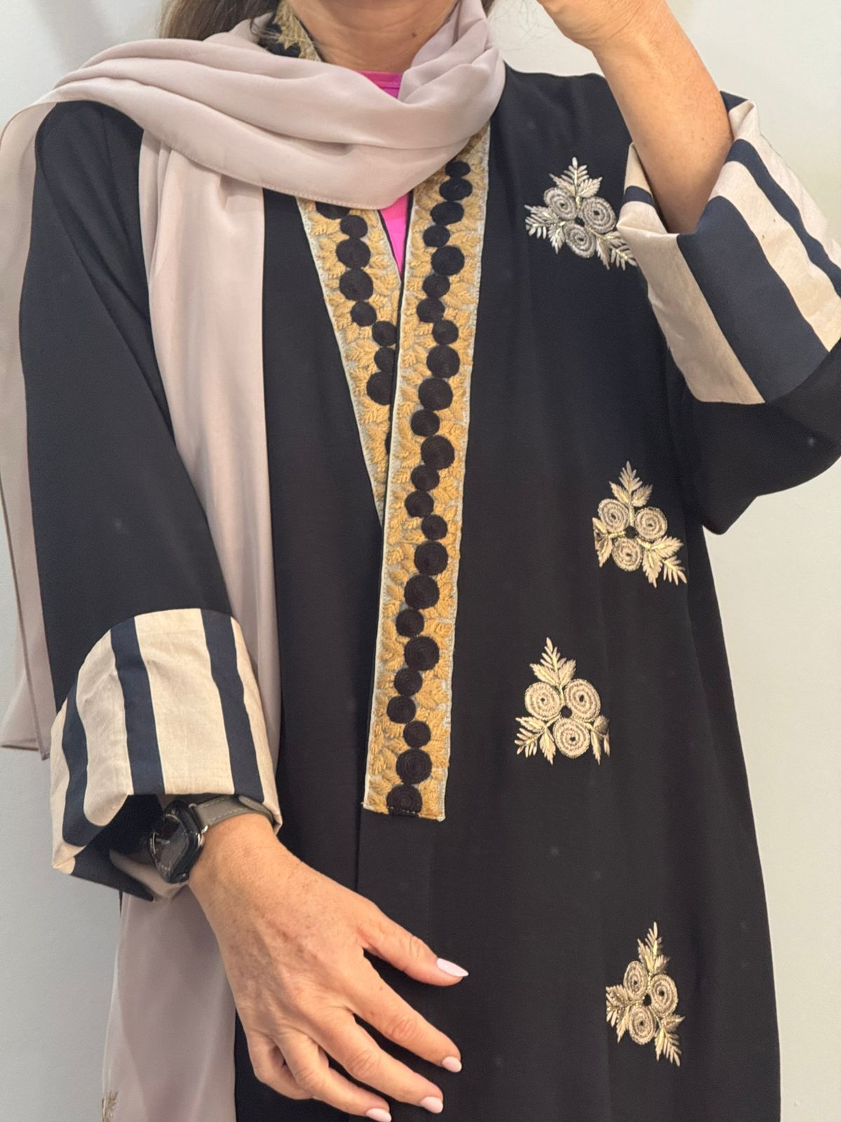 Black Abaya with Golden Embroidery and Striped Cuffs
