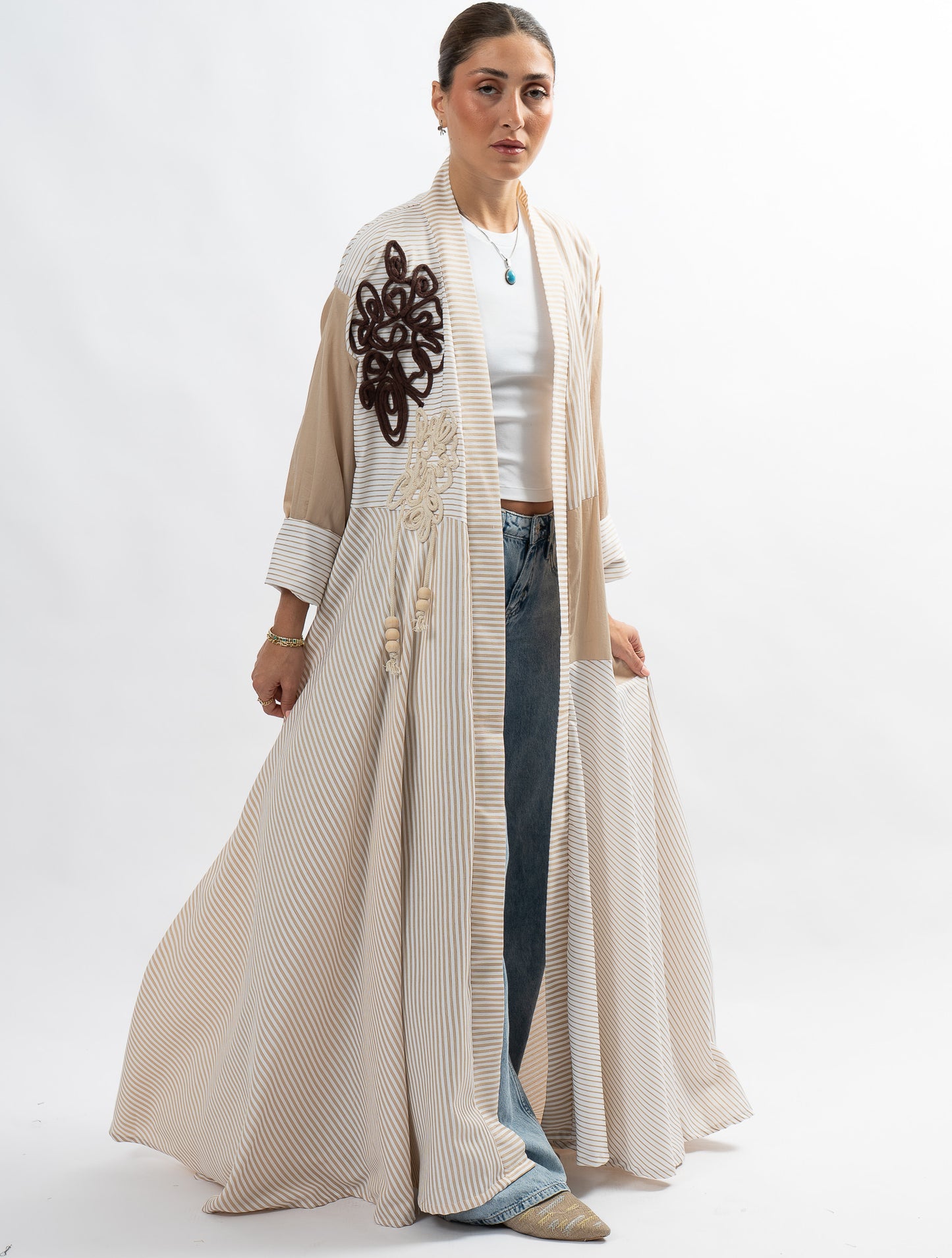 Beige striped abaya