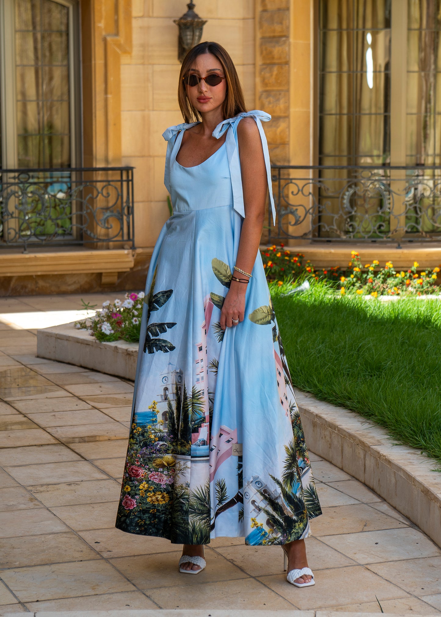 Tropical Oasis Maxi Dress – Sky Blue Scenic Print