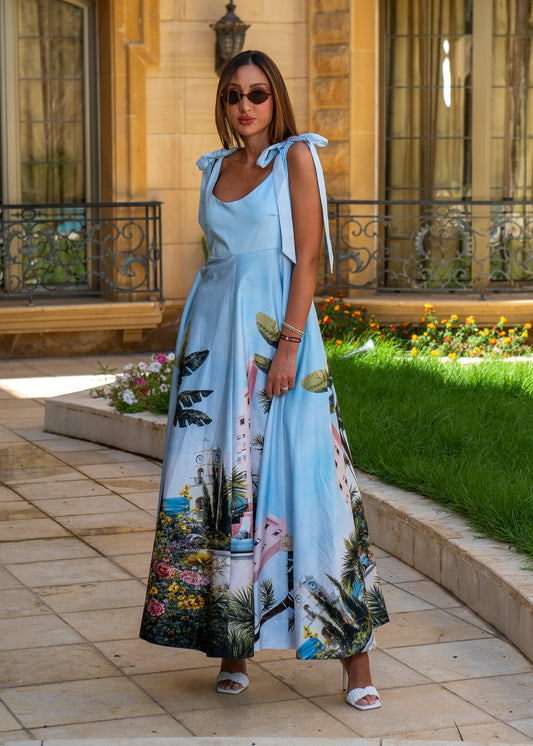 Tropical Oasis Maxi Dress – Sky Blue Scenic Print