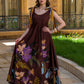 Chocolate Dahlia Maxi Dress – Botanical Print with Ribbon Ties