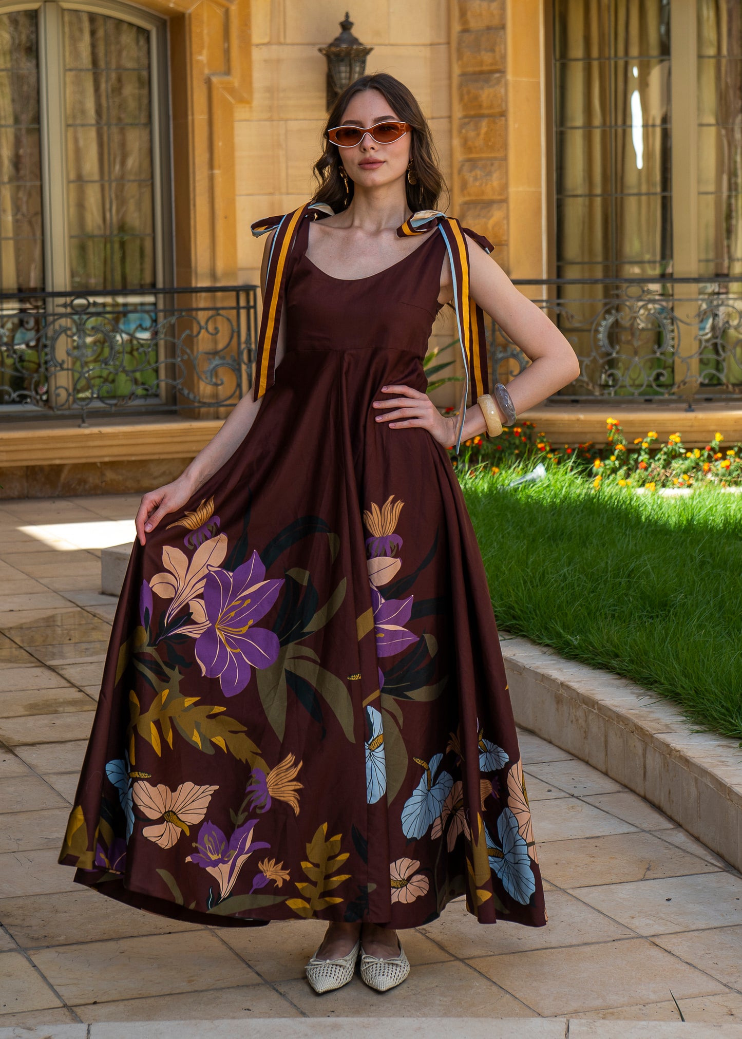 Chocolate Dahlia Maxi Dress – Botanical Print with Ribbon Ties