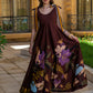 Chocolate Dahlia Maxi Dress – Botanical Print with Ribbon Ties