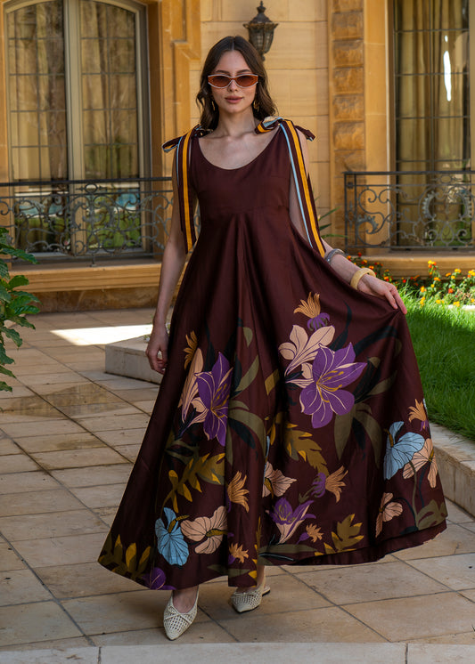 Chocolate Dahlia Maxi Dress – Botanical Print with Ribbon Ties