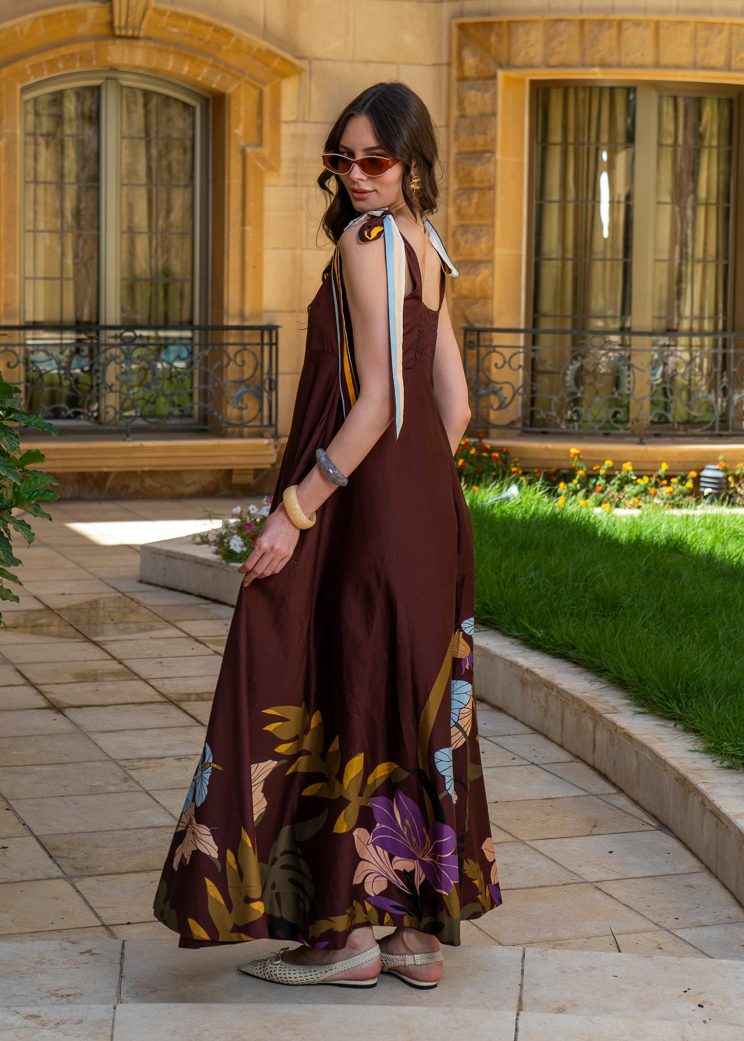 Chocolate Dahlia Maxi Dress – Botanical Print with Ribbon Ties