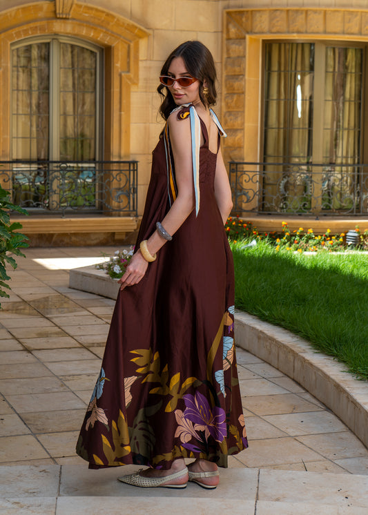 Chocolate Dahlia Maxi Dress – Botanical Print with Ribbon Ties