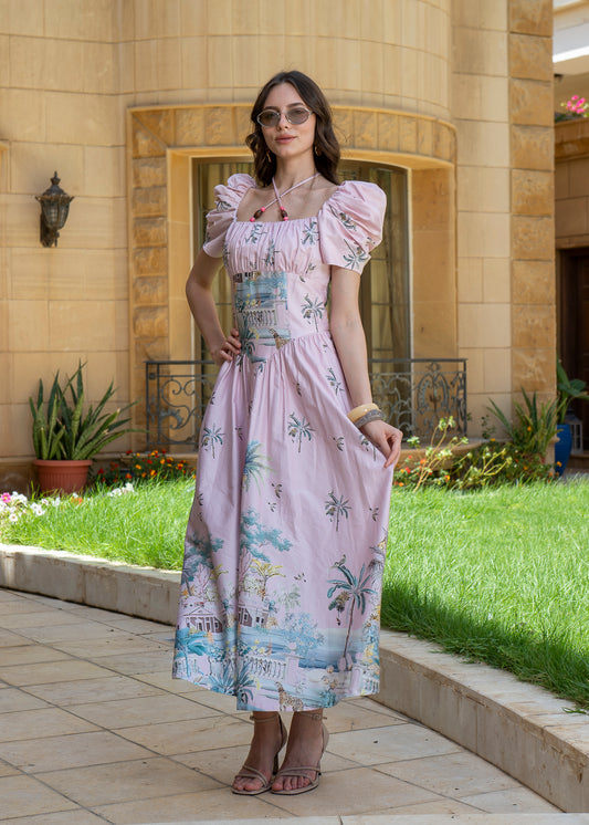 Rosé Riviera Scenic Puff-Sleeve Dress