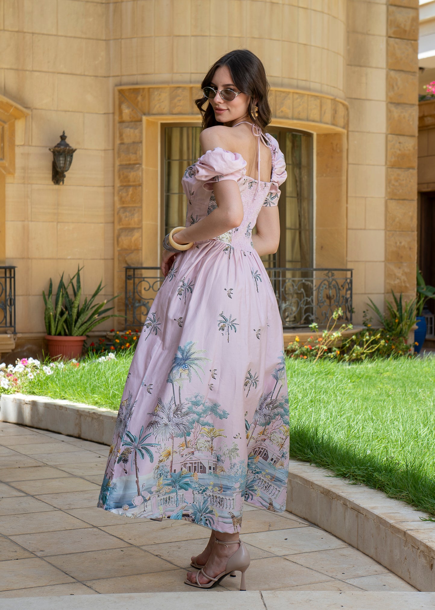 Rosé Riviera Scenic Puff-Sleeve Dress