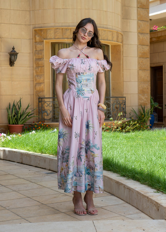 Rosé Riviera Scenic Puff-Sleeve Dress