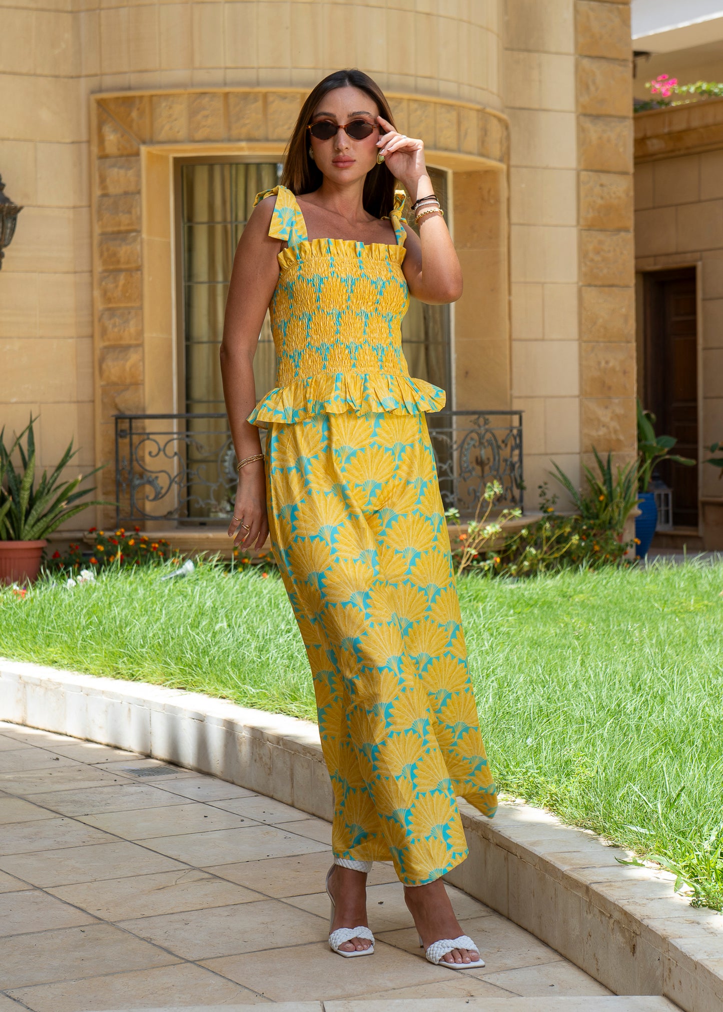 Soleil Fan Print Smocked Maxi Set