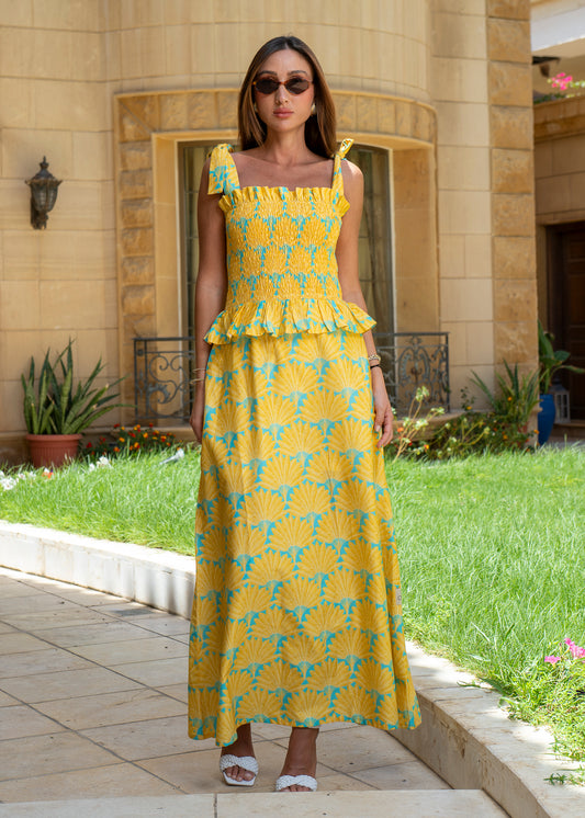 Soleil Fan Print Smocked Maxi Set