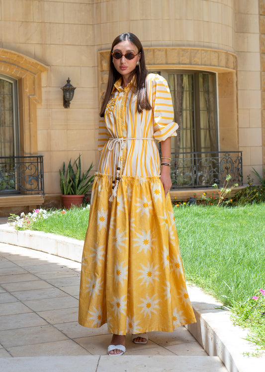 Citrine Sunbeam Mixed-Print Maxi Dress