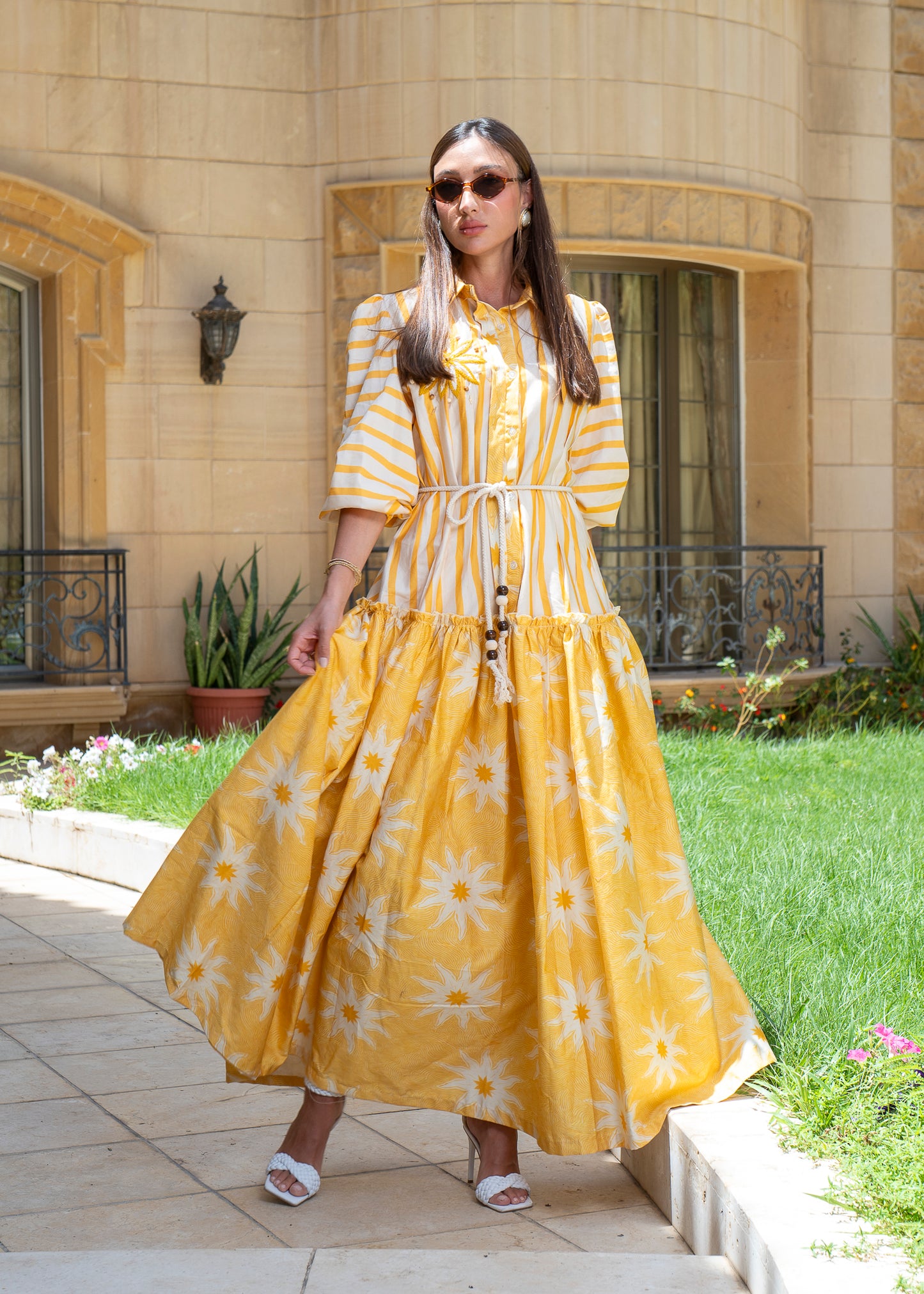 Citrine Sunbeam Mixed-Print Maxi Dress