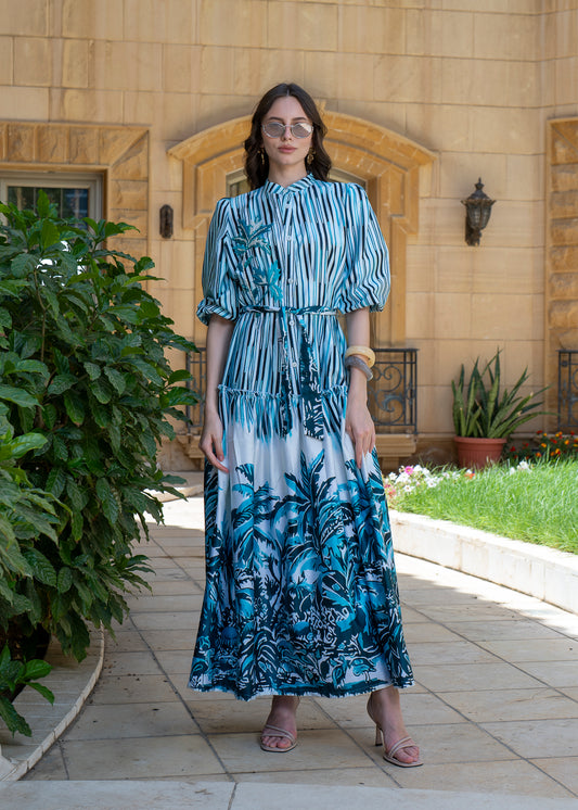 Azure Tropics Belted Maxi Dress
