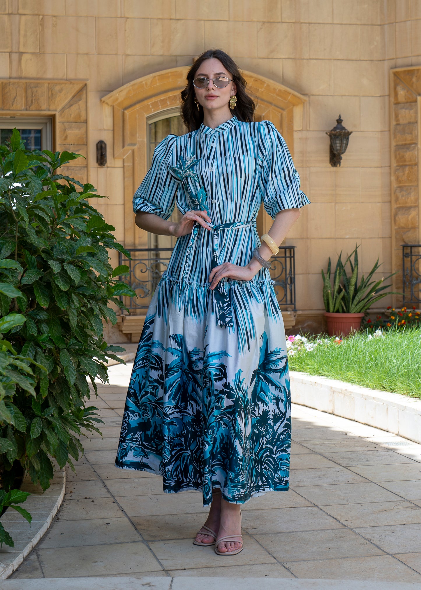 Azure Tropics Belted Maxi Dress