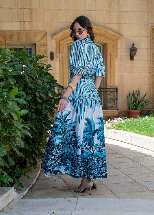 Azure Tropics Belted Maxi Dress