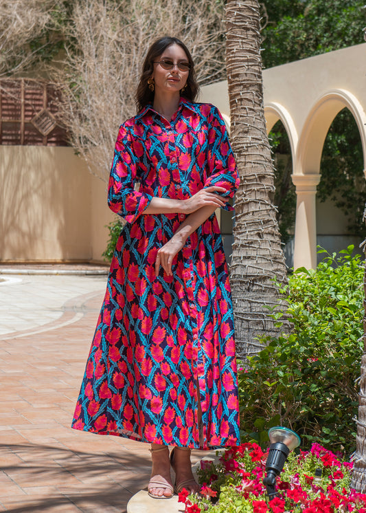 Vibrant Floral Ikat Shirt Dress