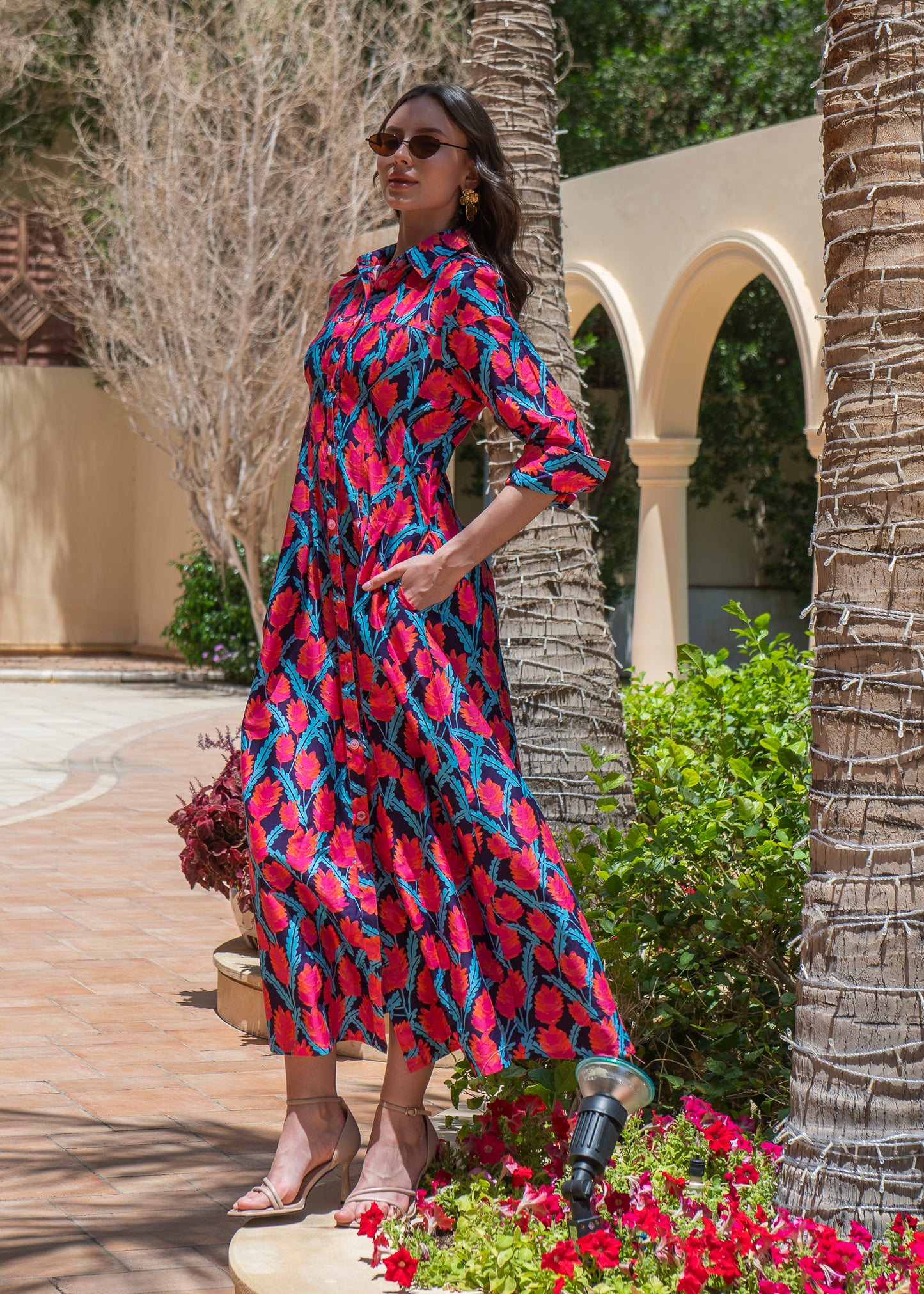 Vibrant Floral Ikat Shirt Dress