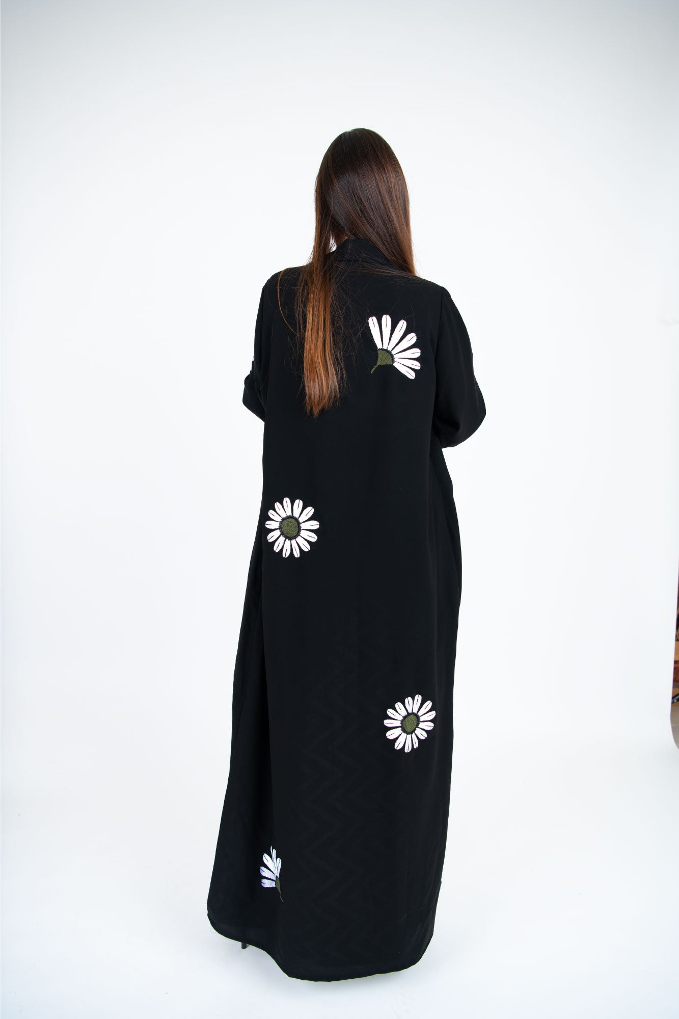 Black Abaya White Daisy Accents