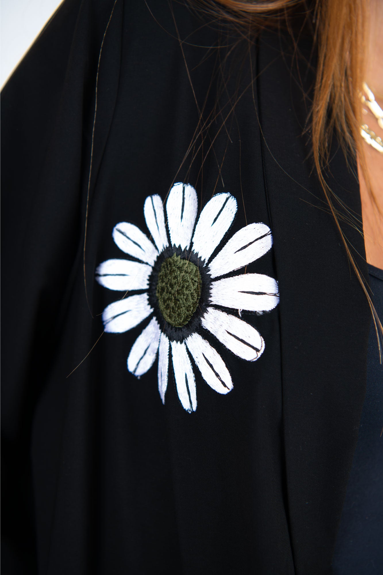 Black Abaya with White Daisy Accents