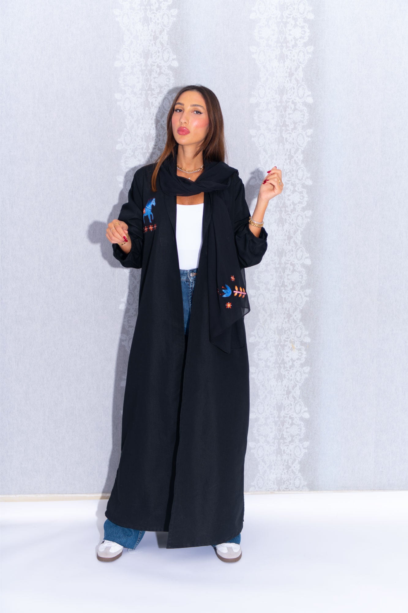 Black Cotton Abaya with Blue Embroidery