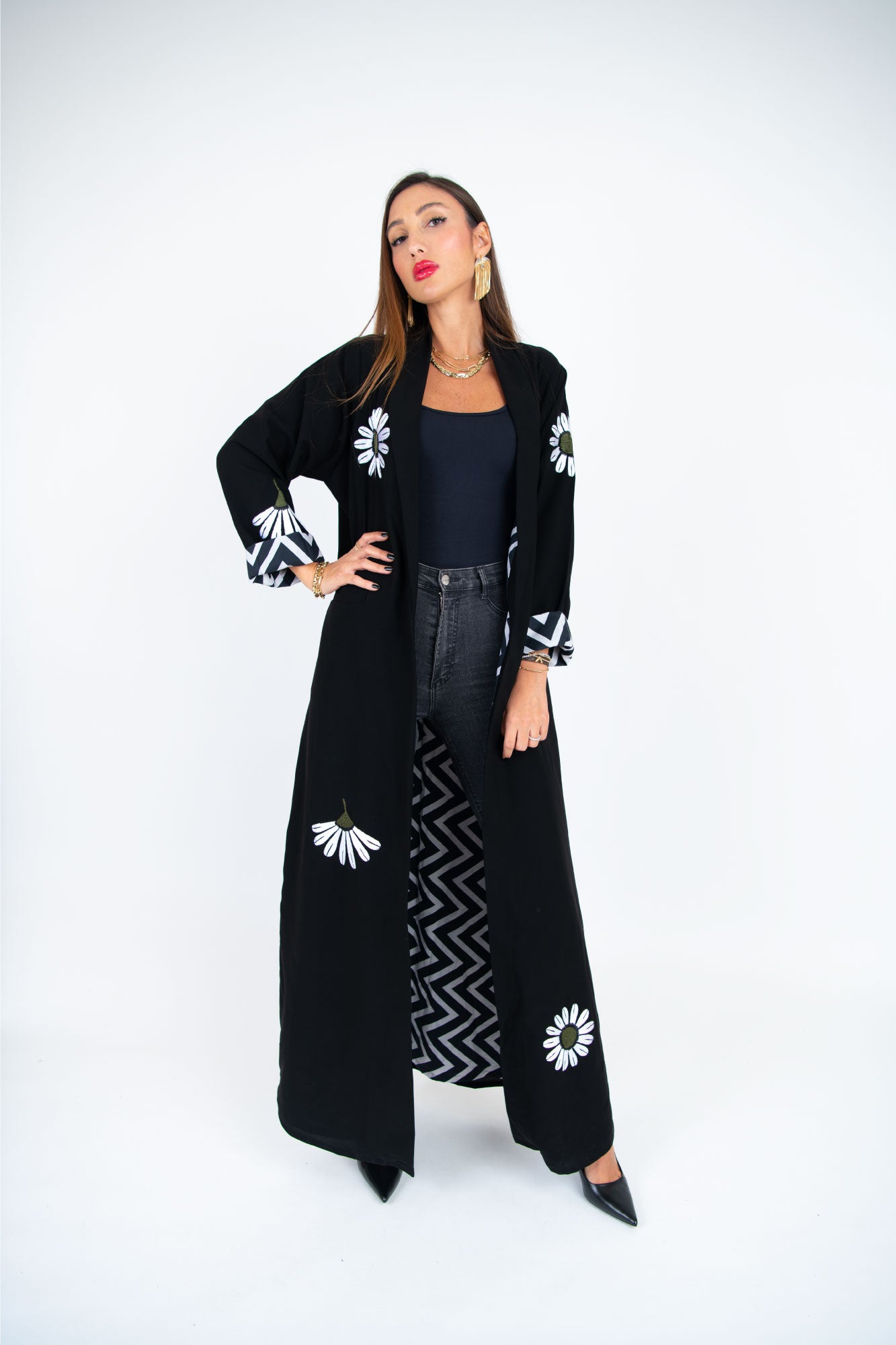 Black Crepe Abaya with White Daisy Accents