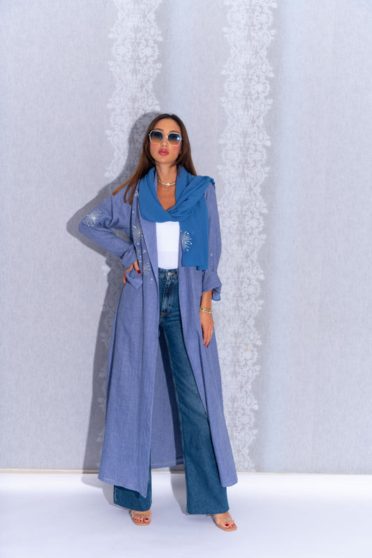 Blue Denim-Look Cotton Abaya with Embroidery