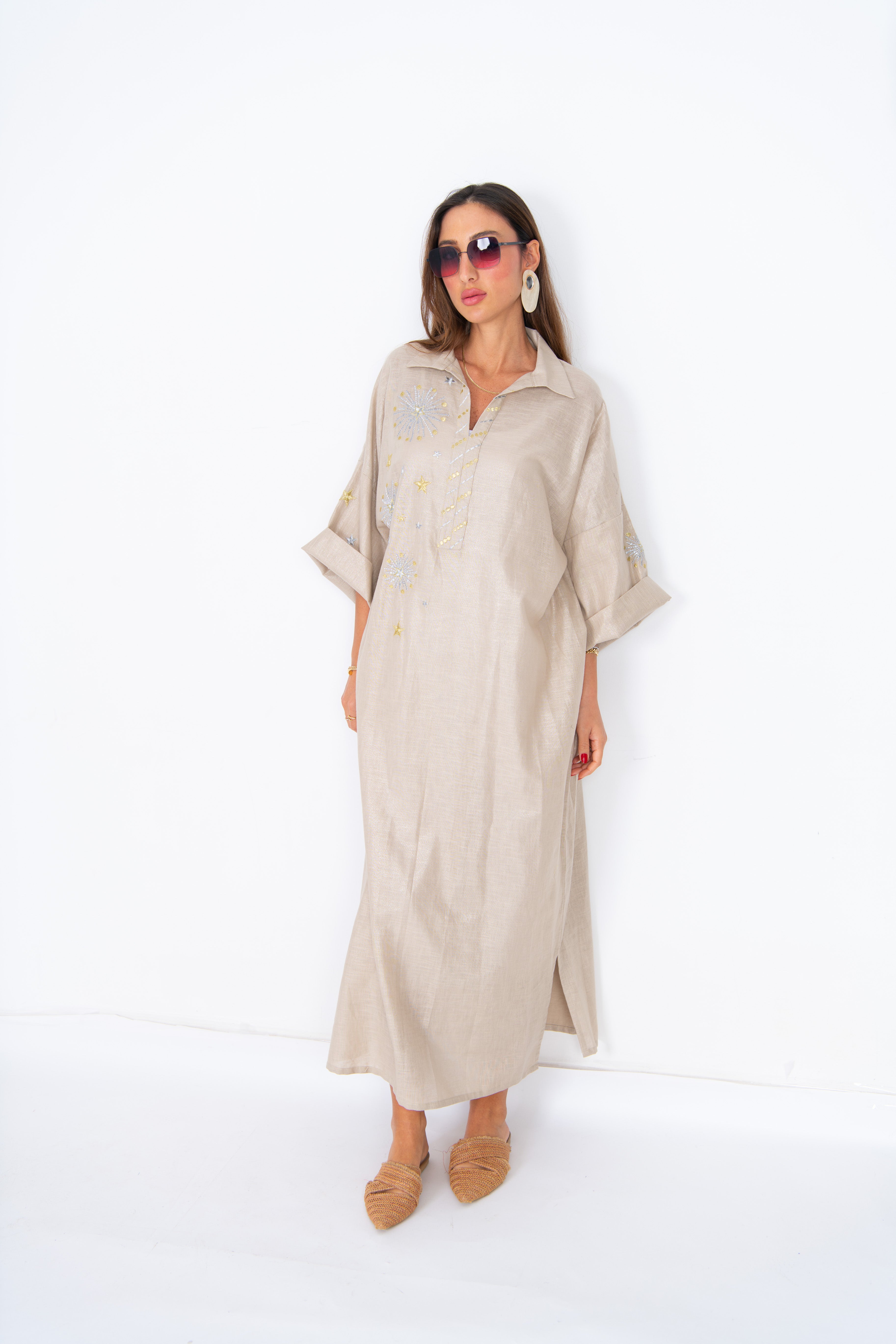 Chic baige Abaya with Golden Starburst Embroidery – Celestial Elegance