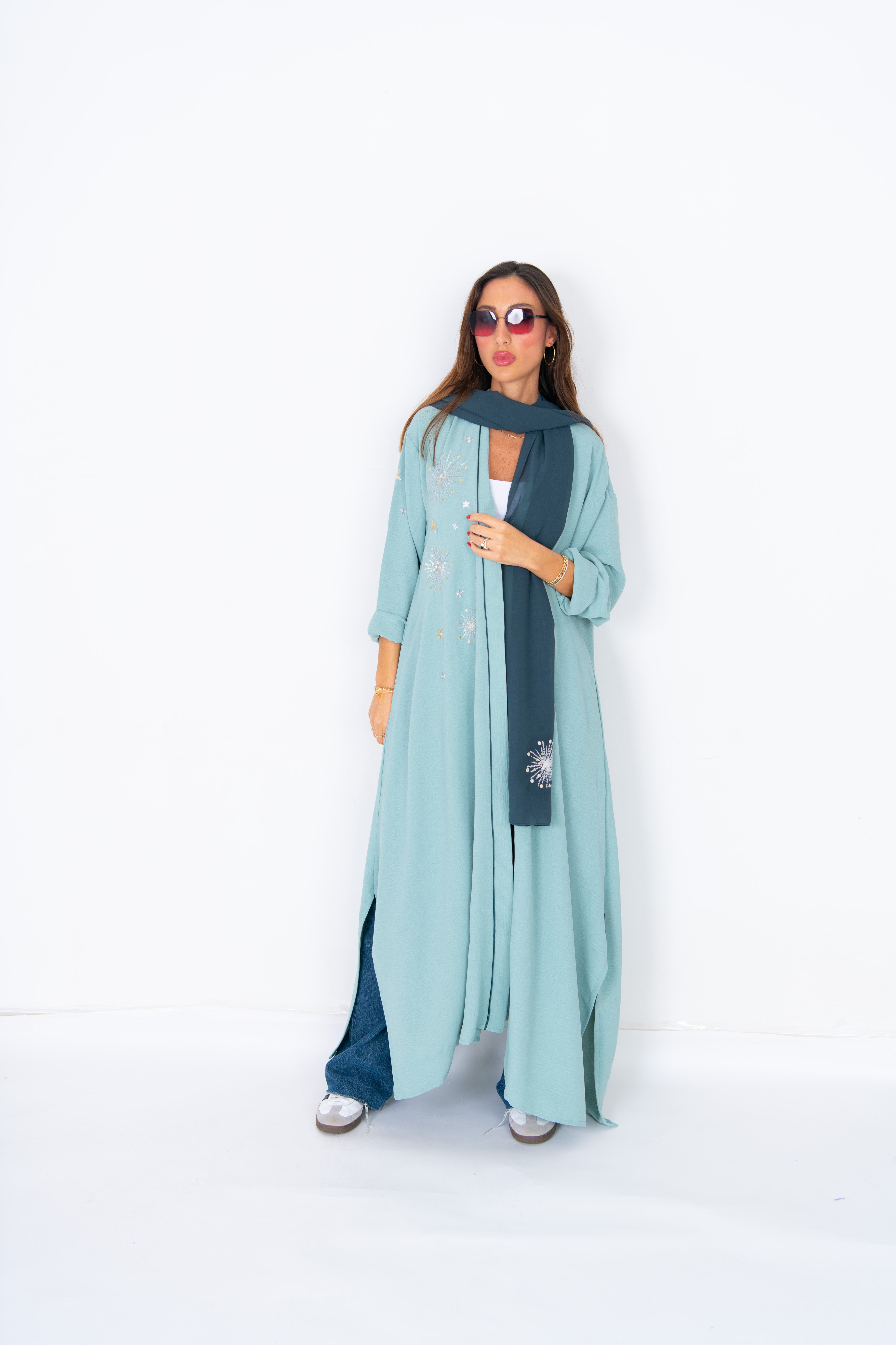 Chic sky blue Abaya with Golden Starburst Embroidery – Celestial Elegance