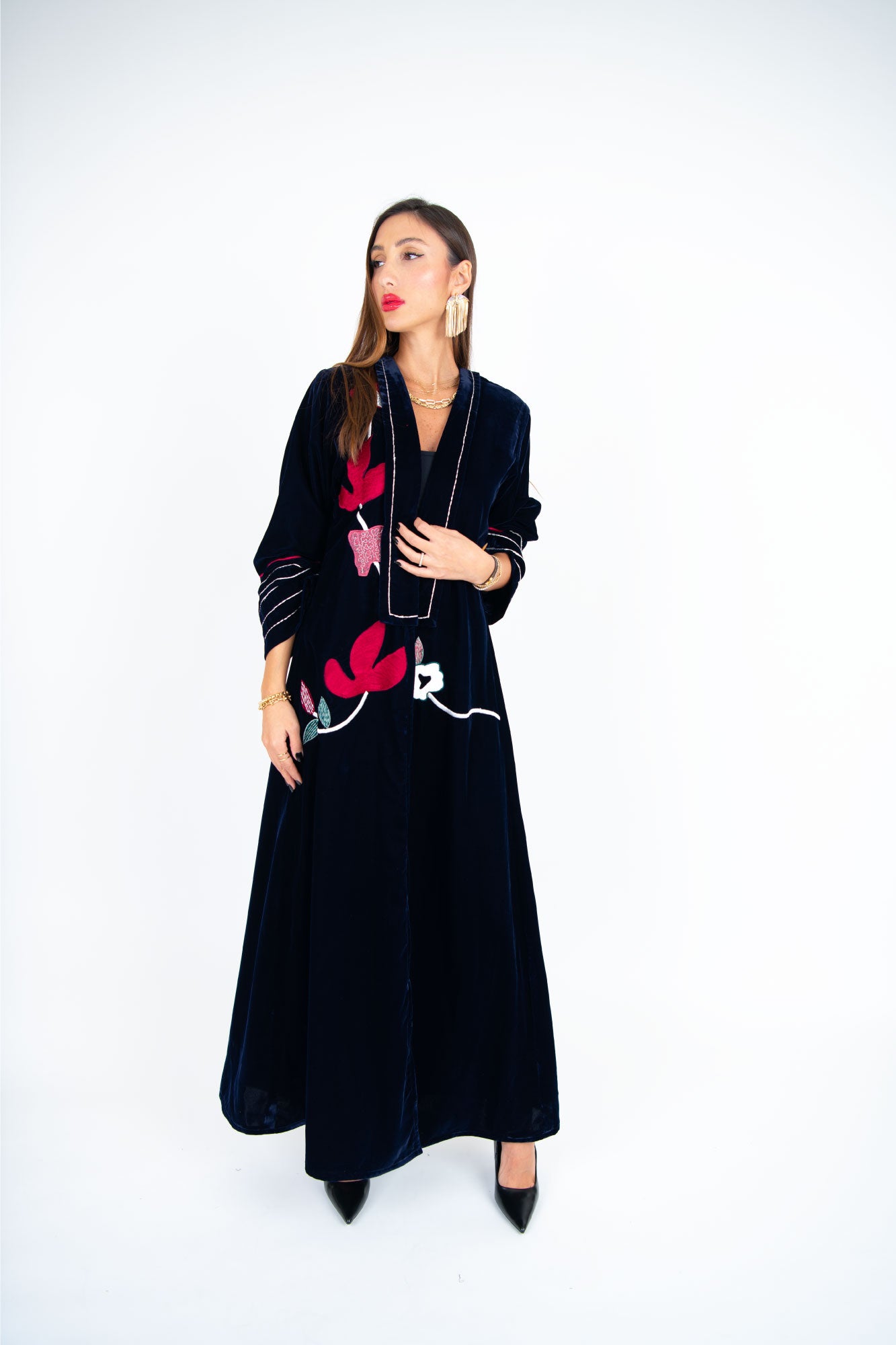 Black Velvet Abaya with Vibrant Floral Embroidery