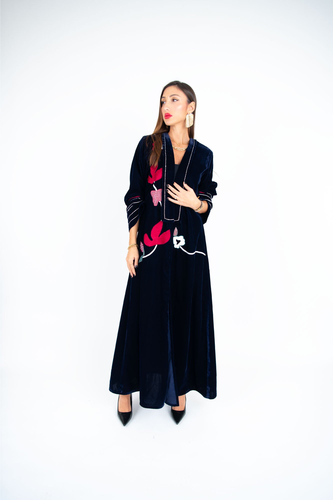 Black Velvet Abaya with Vibrant Floral Embroidery