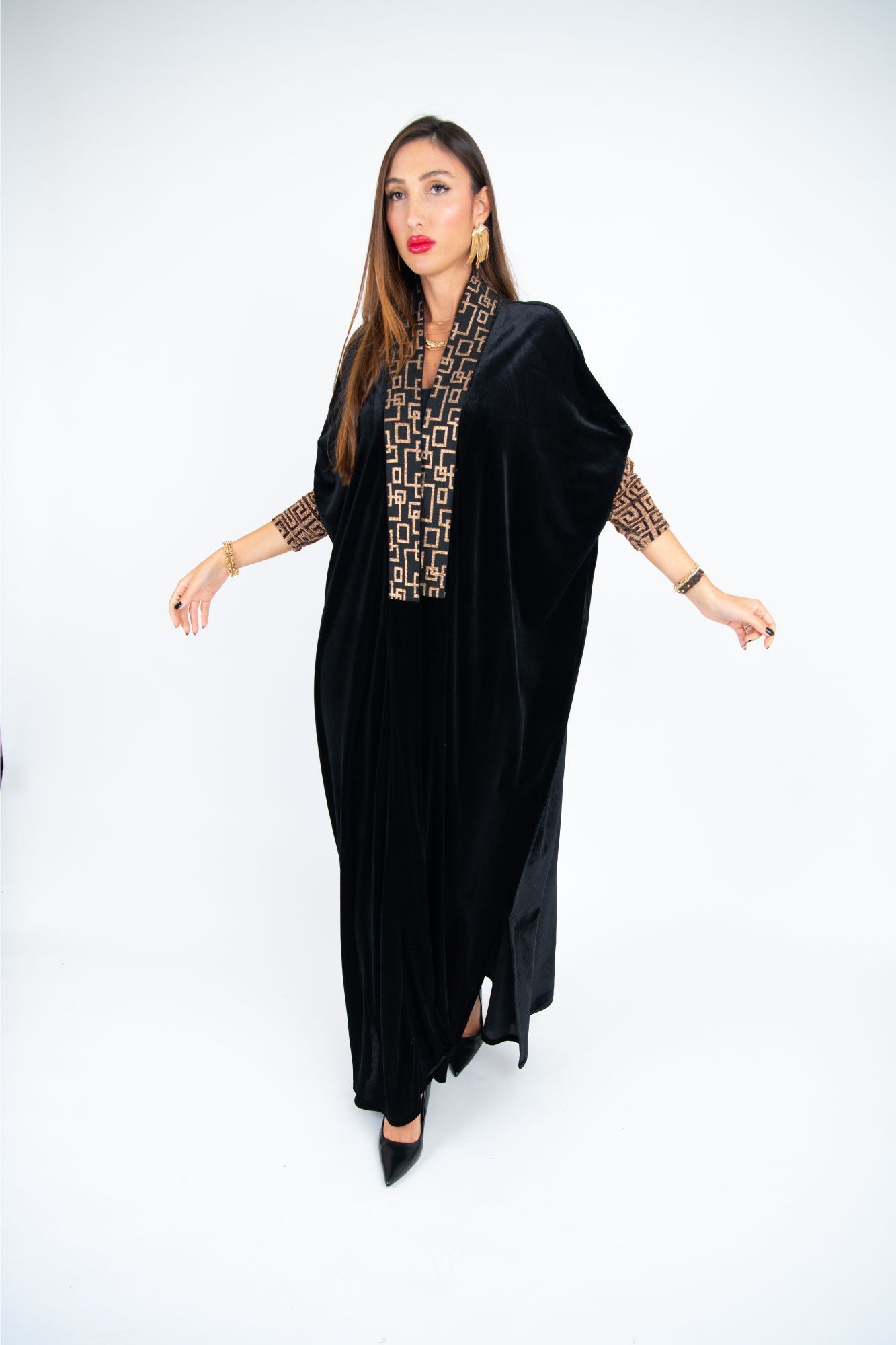 Chic Velvet Abaya with Signature Fendi-Inspired Detailing