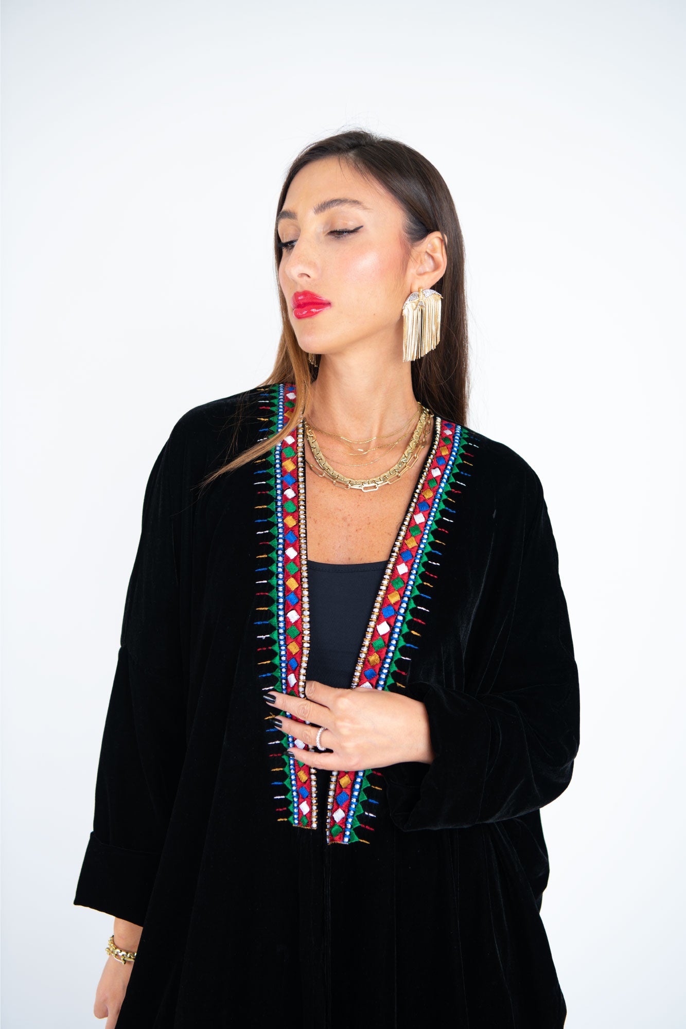 Elegant Velvet Black Abaya with Vibrant Diamond Embroidery