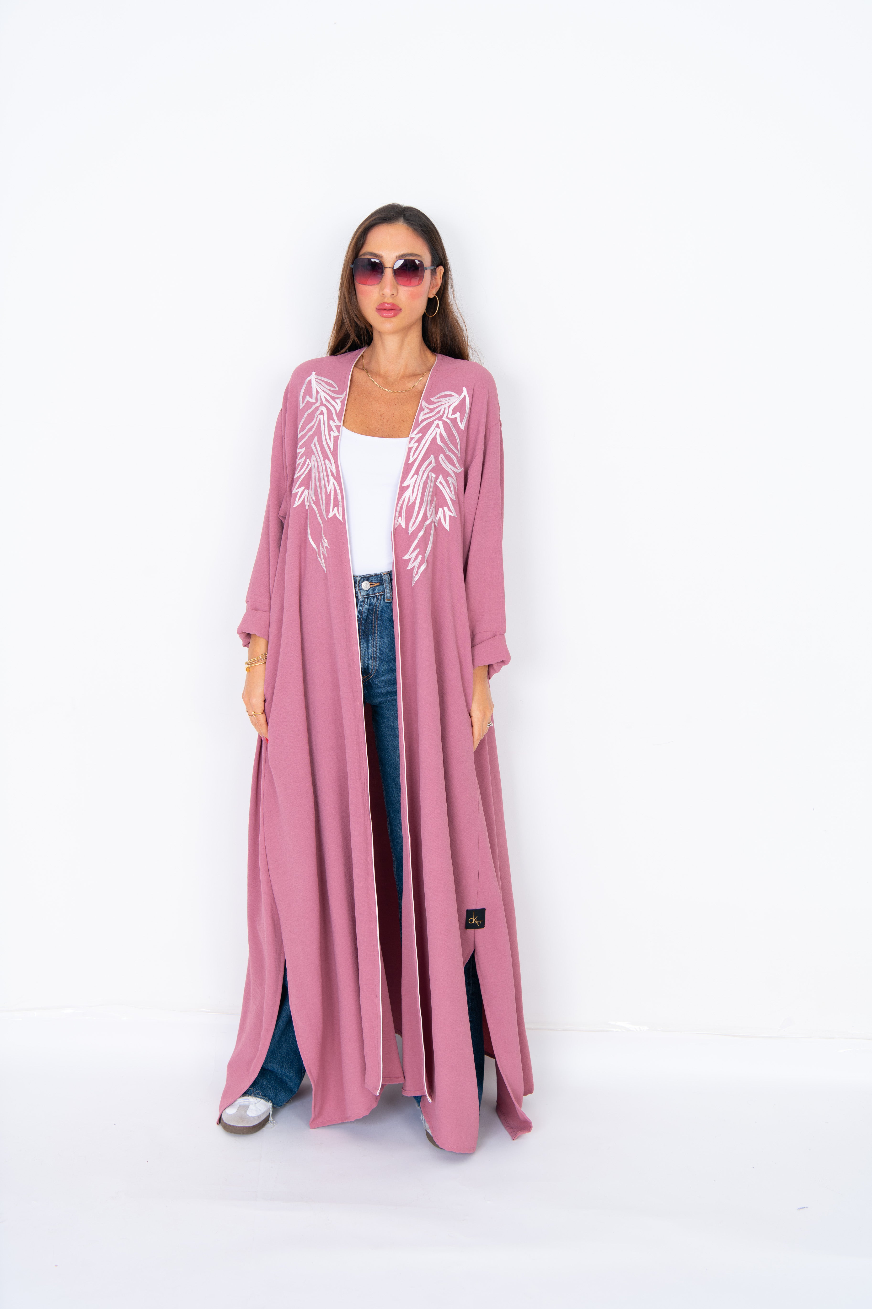 Layla Dusty Pink Crepe Abaya with White Embroidery