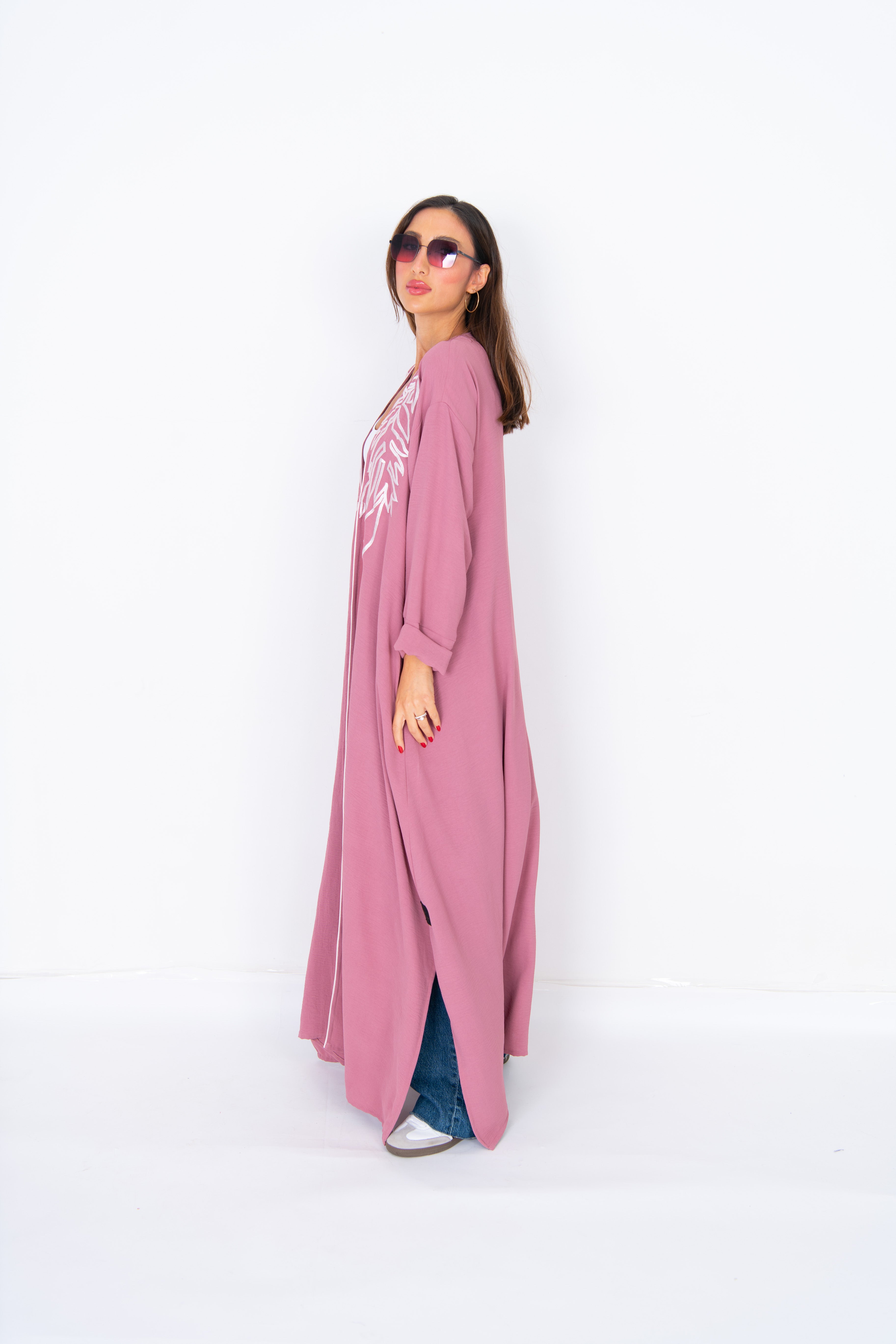 Layla Dusty Pink Crepe Abaya with White Embroidery