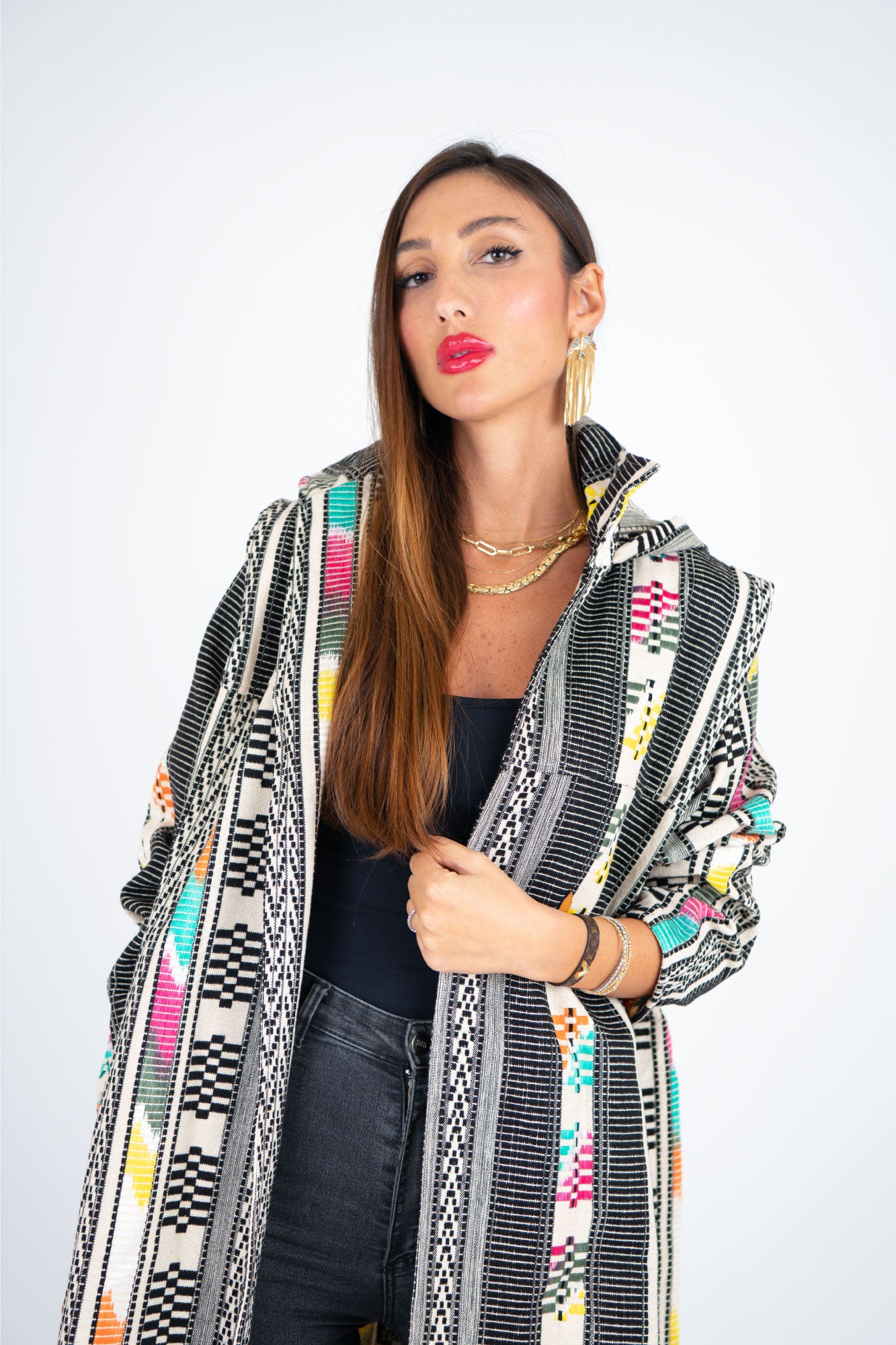 Colorful Winter Abaya with Bold Geometric Patterns for a Vibrant Look