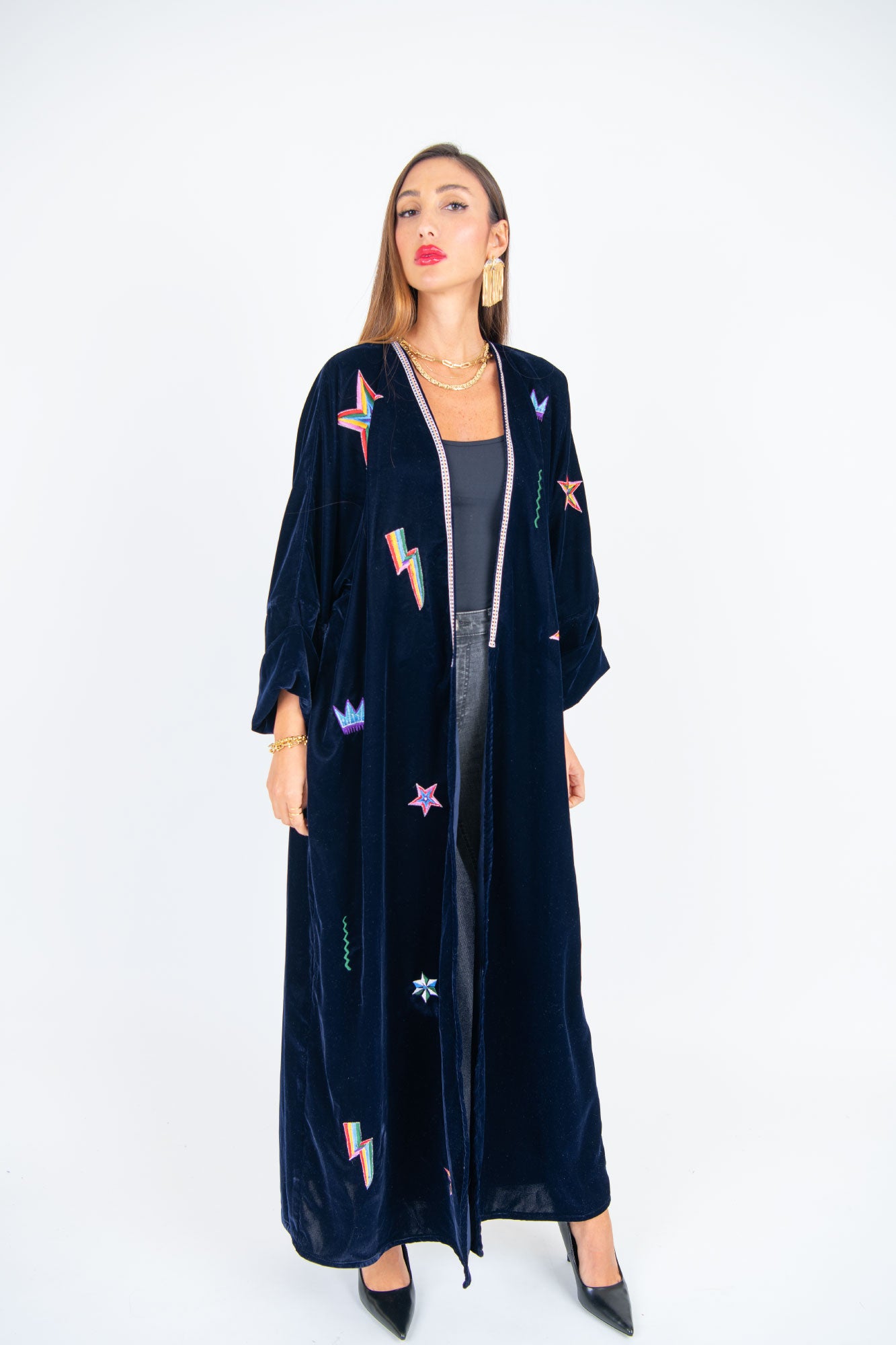 Navy Velvet Abaya with Star Embellishments