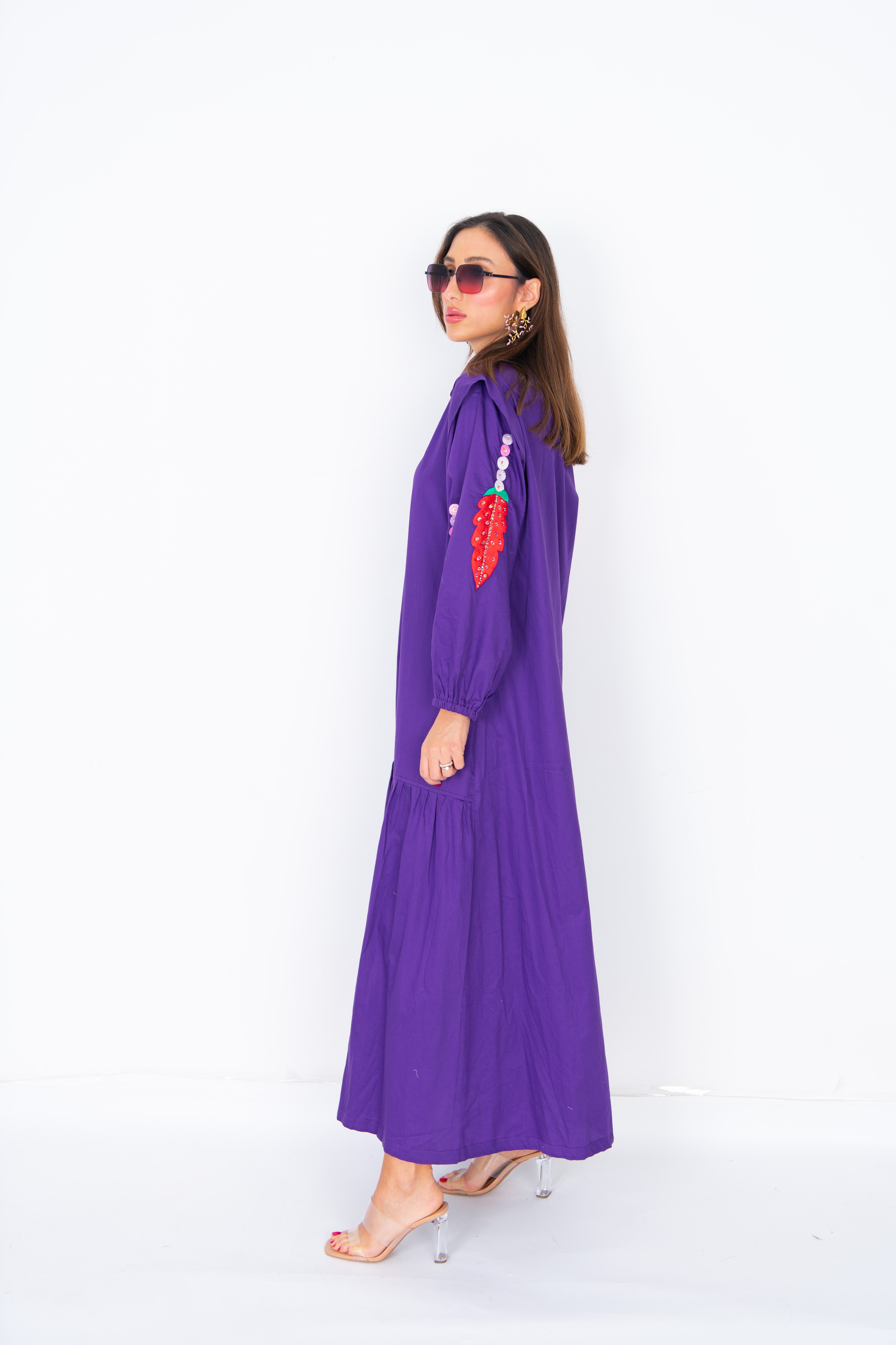 Feather Me Abaya: Vibrant Purple with Sequined Sleeve Detail