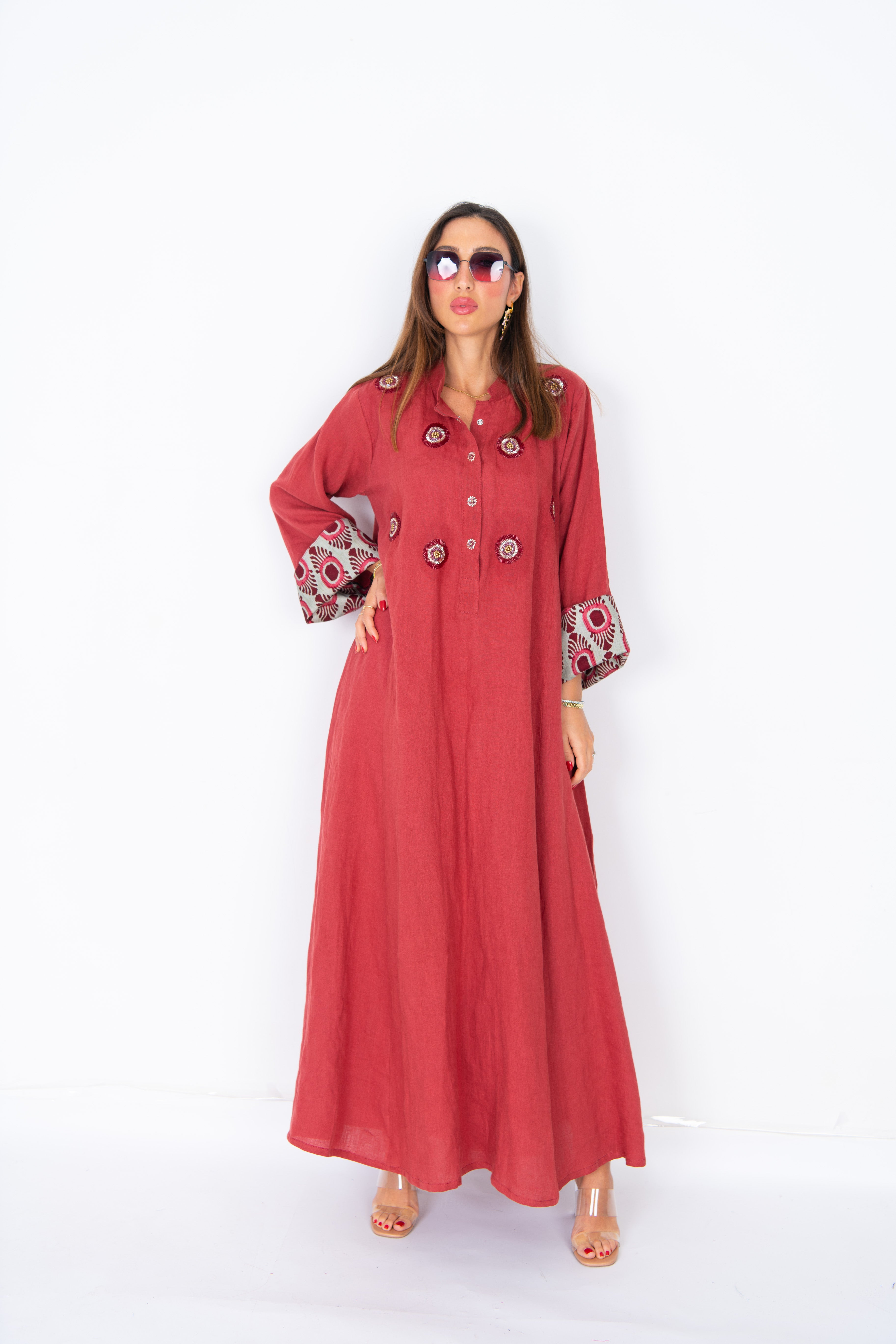 Burgundy Space Button-Down Abaya with Patterned Sleeves