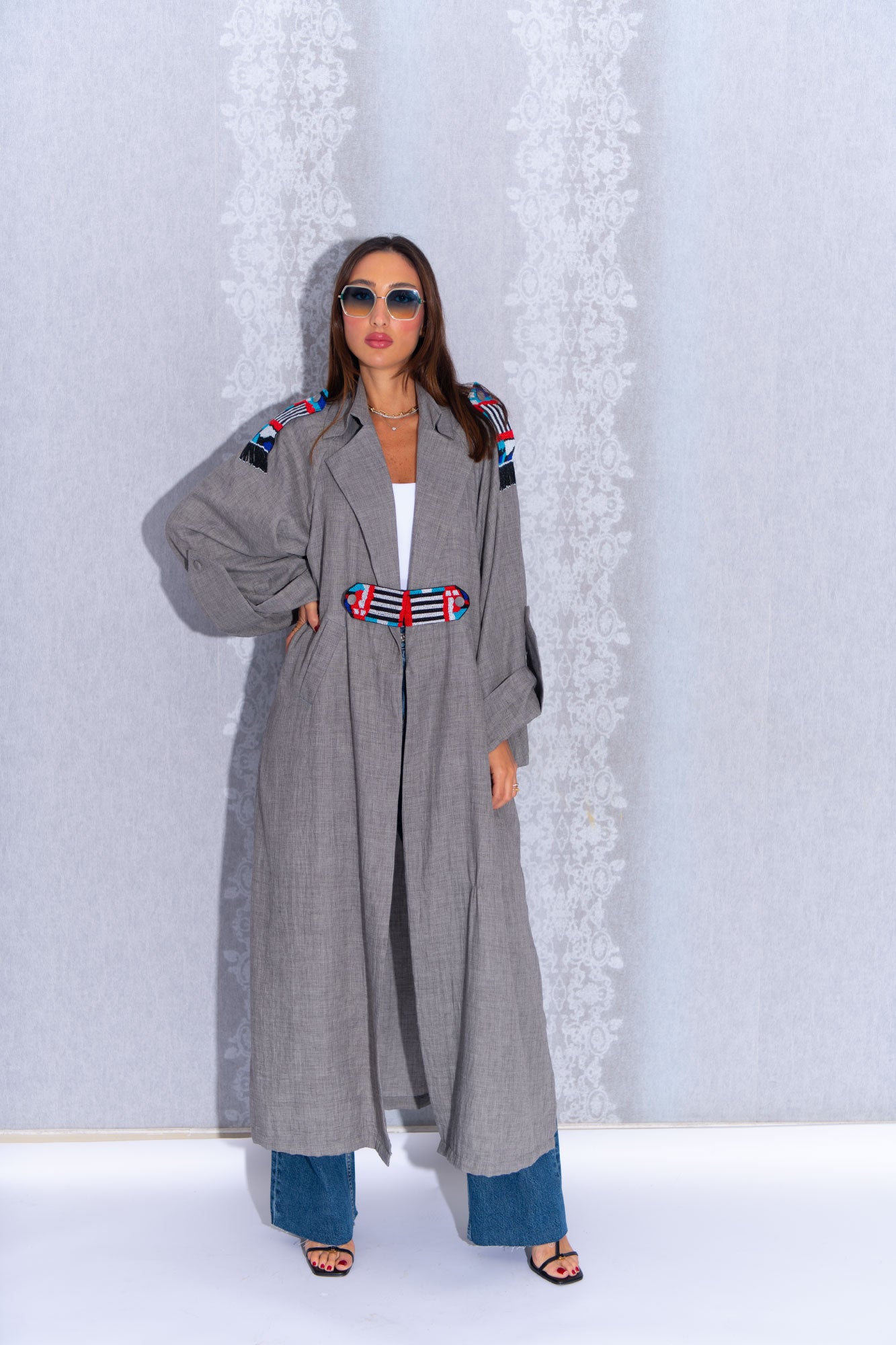 Grey Cotton Abaya with Colorful Belt Detail