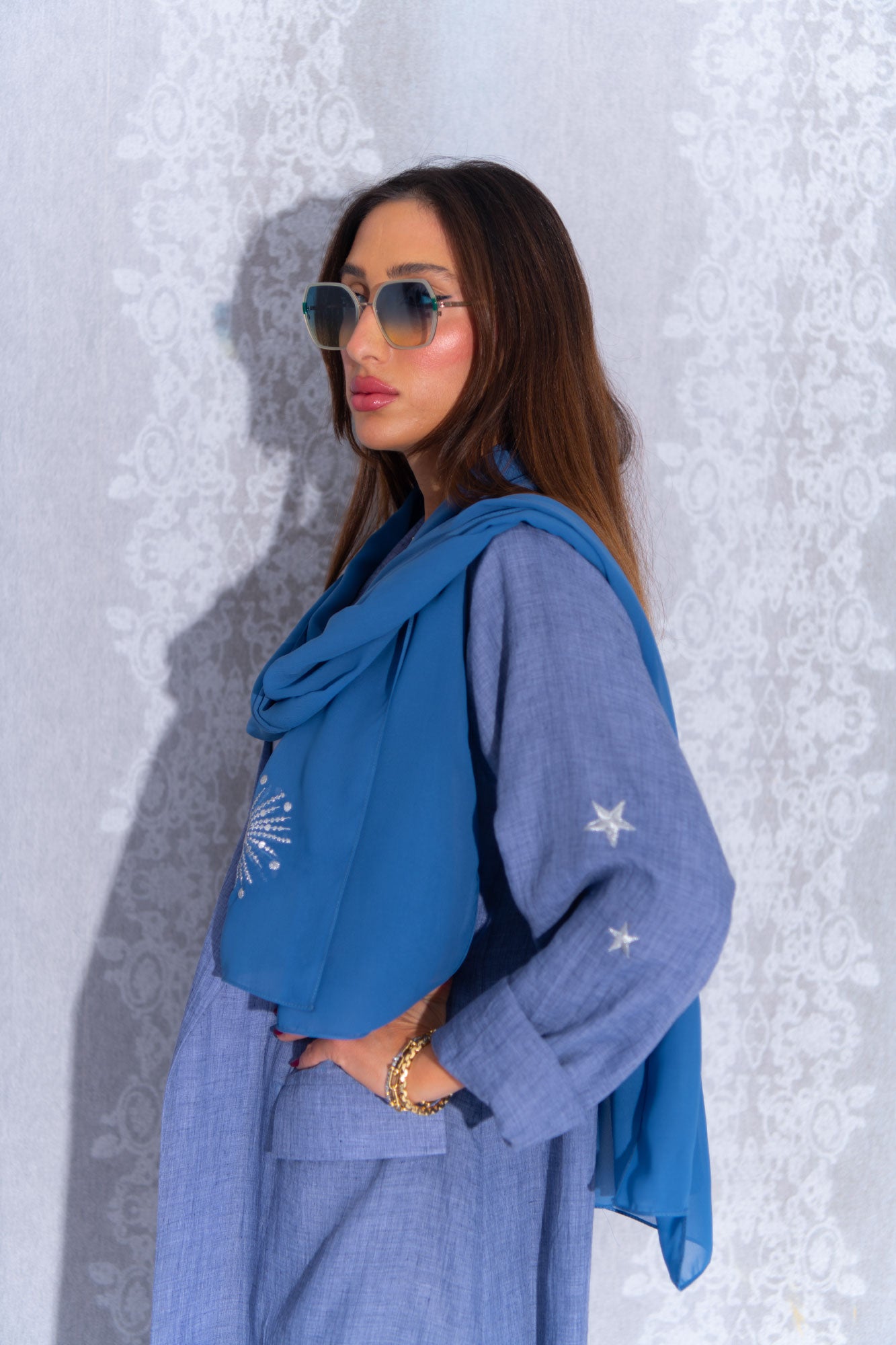 Blue Denim-Look Cotton Abaya with Embroidery