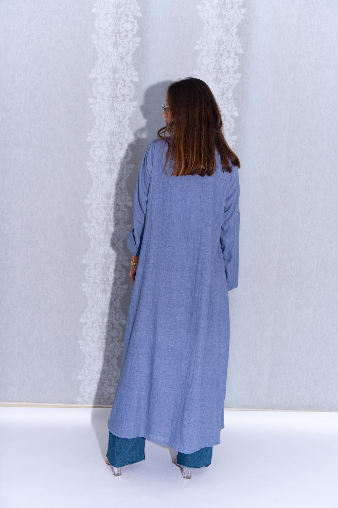 Blue Denim-Look Cotton Abaya with Embroidery