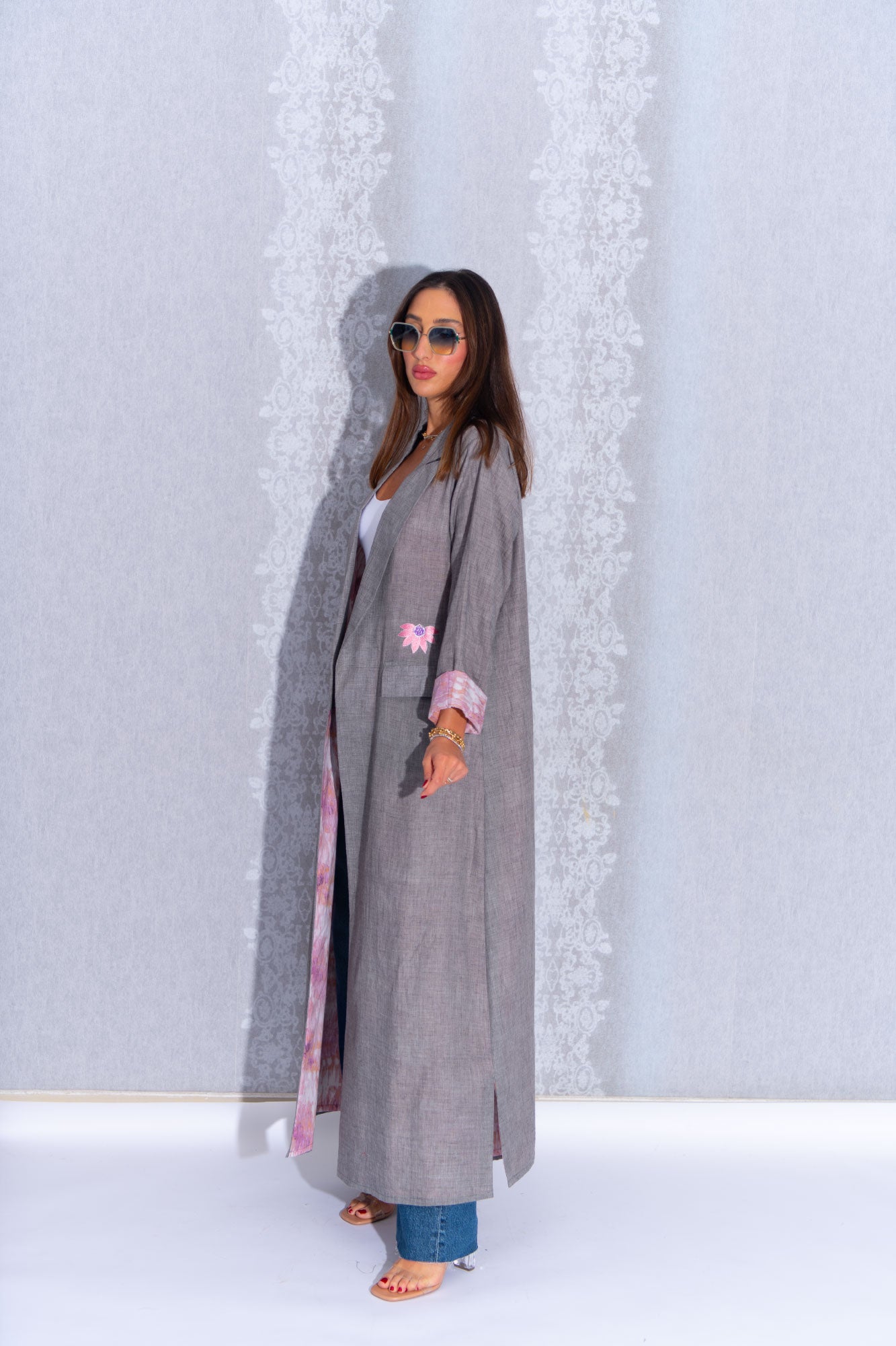 Grey and Pink Cotton Abaya with Playful Accents