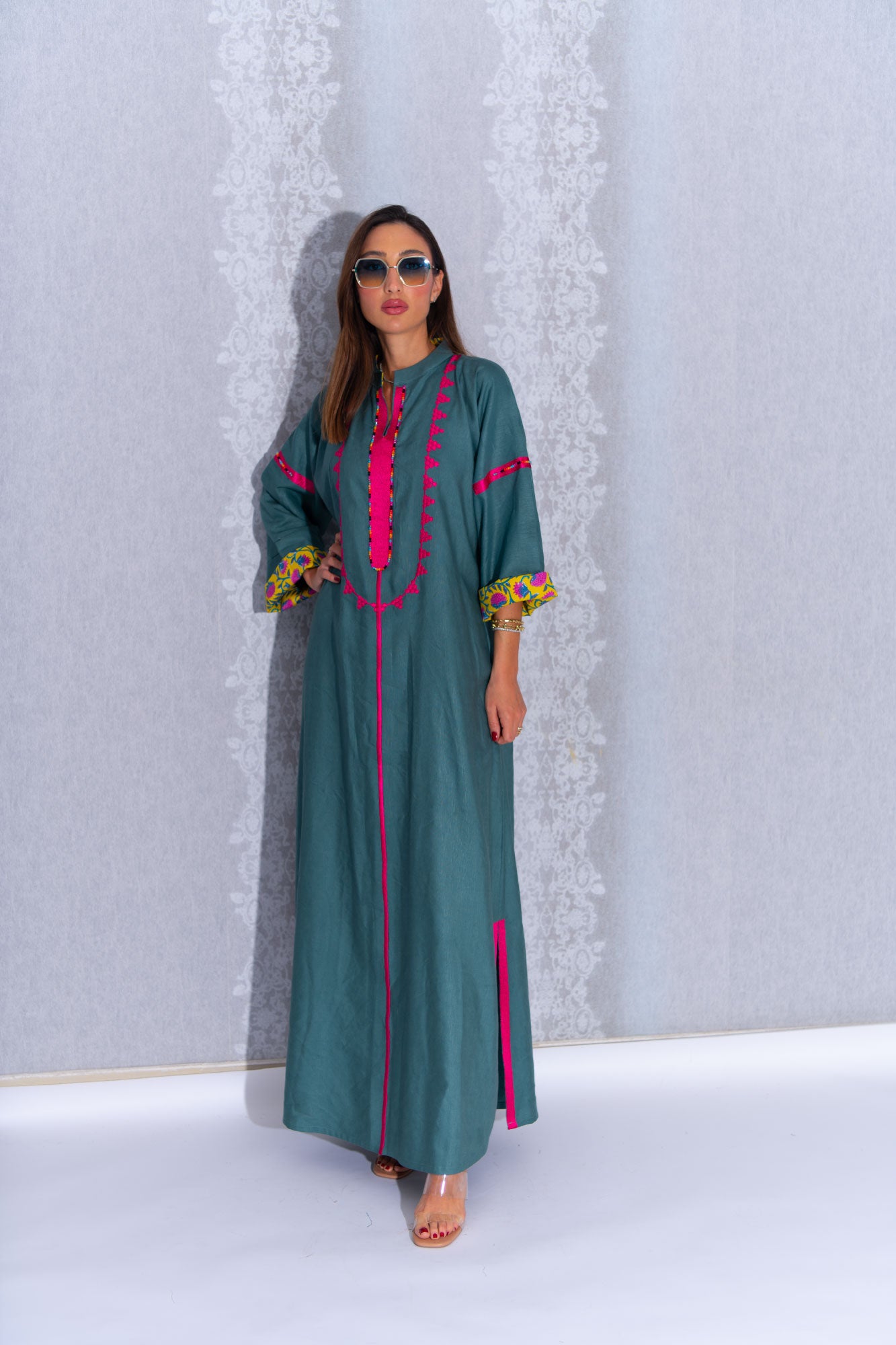 Green and Hot Pink Linen Abaya with Embroidery - Chic Fusion Dress