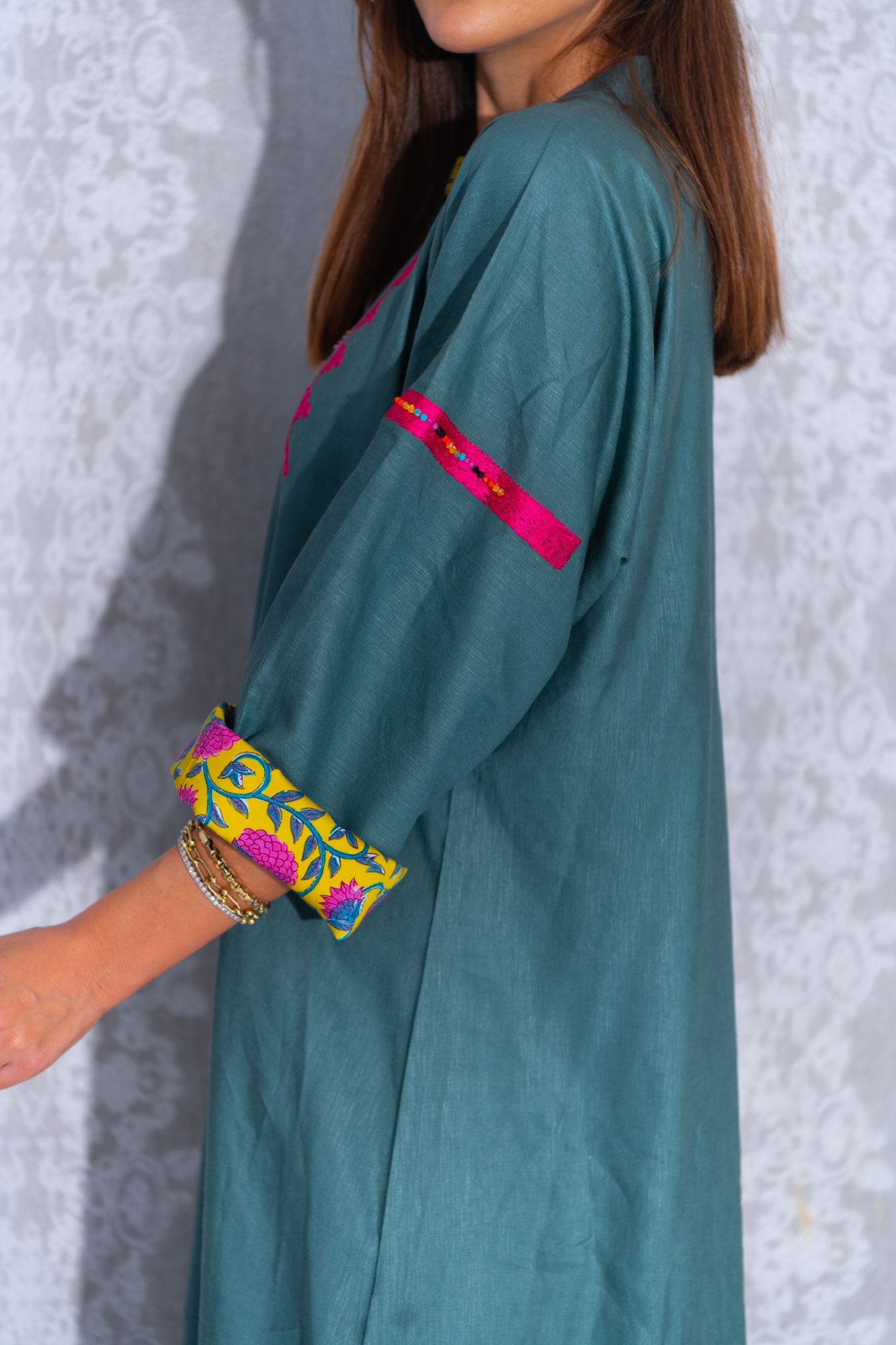 Green and Hot Pink Linen Abaya with Embroidery - Chic Fusion Dress